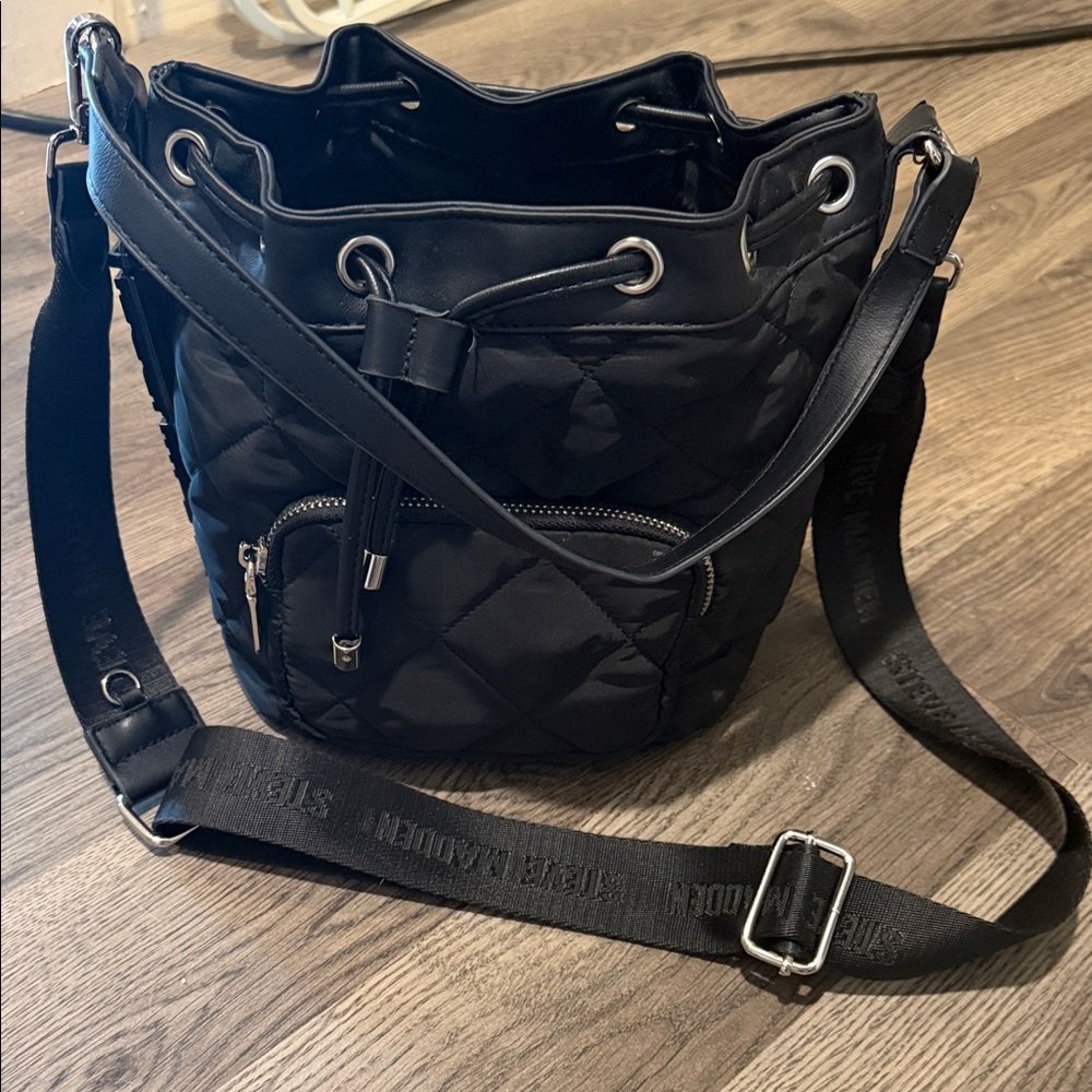 Steve Madden Quilted Drawstring Mini Bucket Bag - Black